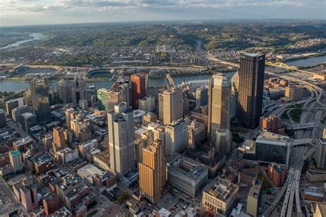 Aerial View Over The Top Of Downtown Pittsburgh Vivid Metal Print