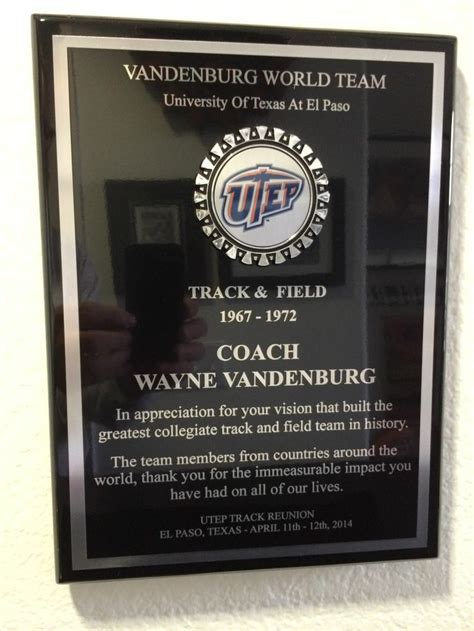 Vandenburg Appreciation Plaque Track Team Appreciation Track And Field