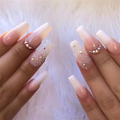 Pink Ombre Coffin Nails With Rhinestones Nail And Manicure Trends