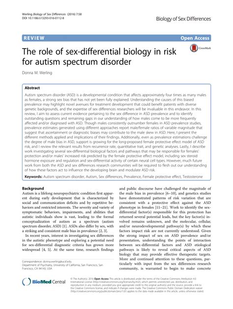 Pdf The Role Of Sex Differential Biology In Risk For Autism Spectrum Disorder