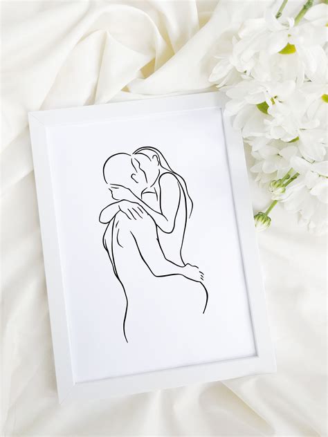 Abstract Kiss Line Art Couple Hug Wall Print Kissing Line Etsy
