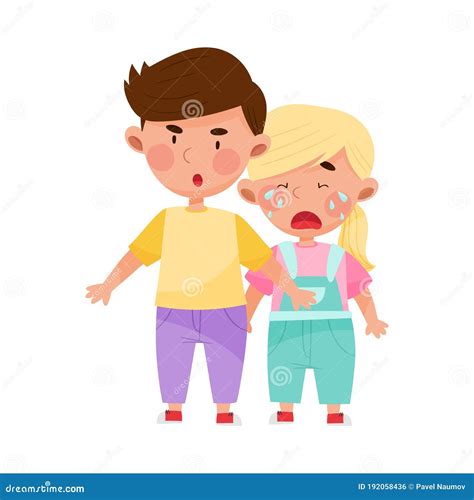 Little Boy Protecting Crying Girl From Hooligan Vector Illustration