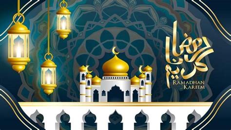 Download Ramadan Kareem Poster With Frame And Hanging Lanterns Vector