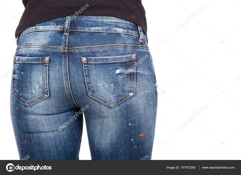 close up of sexy woman wearing blue jeans fit female butt in blue