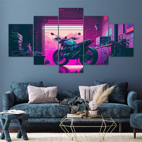Motorcycle In The Garage Vaporwave Abstract 5 Piece Canvas Etsy