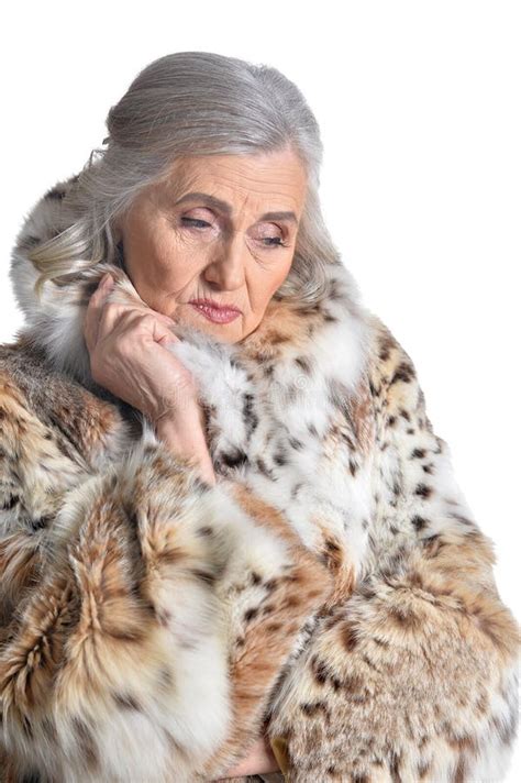 Portrait Of Beautiful Senior Woman In Fur Coat Stock Photo Image Of