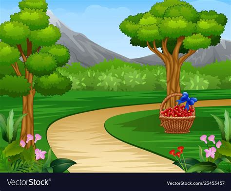 Cartoon Of Beautiful Garden Background With Dirt Road Download A Free