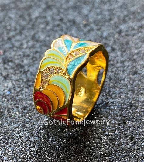 Enamel Abstract Multicolored Ring Face Band Ring Gold Band Etsy