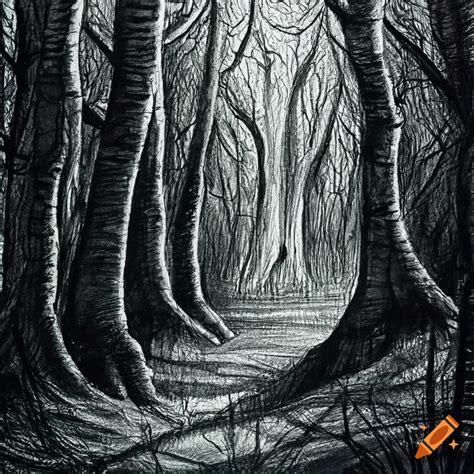 Creepy Black And White Forest At Night
