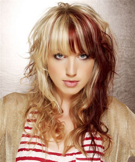 The base colour is medium blonde with a hint of red. Long Wavy Casual Hairstyle with Layered Bangs - Light ...