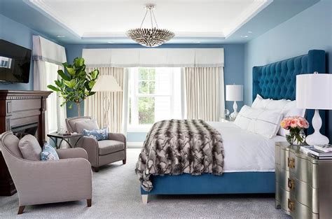 Blue Wall With Tall Blue Velvet Tufted Headboard Transitional Bedroom
