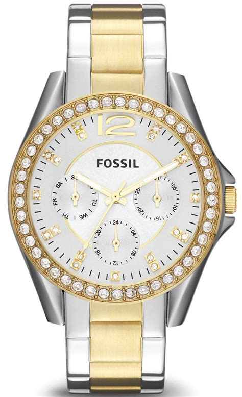 Fossil Riley Multifunction Silver And Gold Tone Crystal Dial Es3204