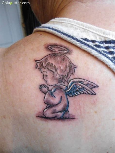 Cute Angel Praying Kid Tattoo On Upper Back Small Angel Tattoo Baby