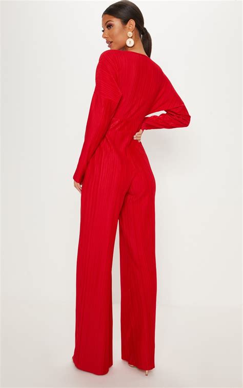Red Long Sleeve Pleated Jumpsuit Prettylittlething Usa