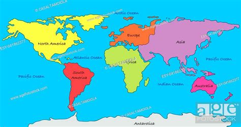 World Map With Highlighted Continents In Different Colors Stock Photo
