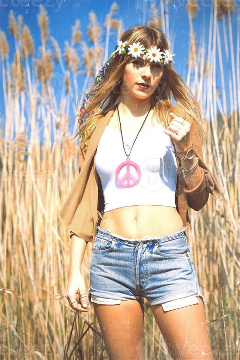 Hippie Girl With Flowers Crown If Peace Symbol Stock Photo At Vecteezy