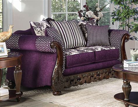 New Traditional Living Room 2 Piece Wood Trim Purple Fabric Sofa Couch