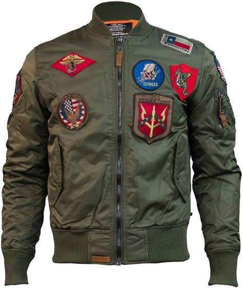 Top Gun Ma 1 Nylon Bomber Jacket With Patches Olive Amazonfr