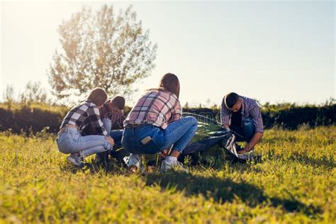 Group Of Young Friends People Preparing Camping Tent Stock Photo