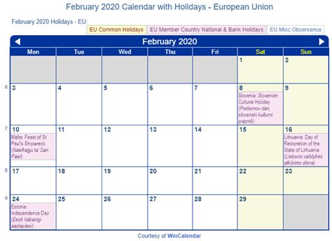 Print Friendly February 2020 Eu Calendar For Printing