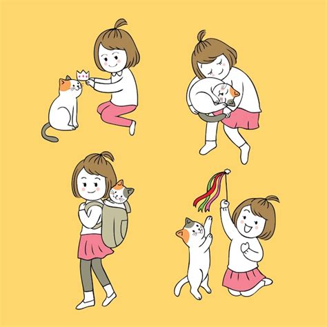 Premium Vector Cartoon Cute Friendship Little Girl And Cat