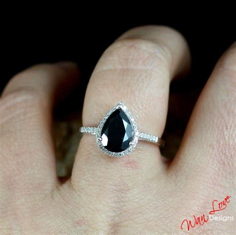 Black Spinel And Diamond Pear Halo Engagement Ring 25ct 10x7mm 14k 18k