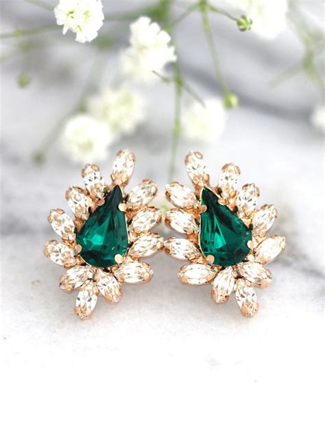 Green Emerald Stud Earrings Bridal Emerald Crystal Earrings Etsy