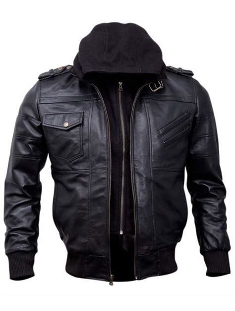 Buy Mens Genuine Black Hooded Bomber Leather Jacket Real Lambskin