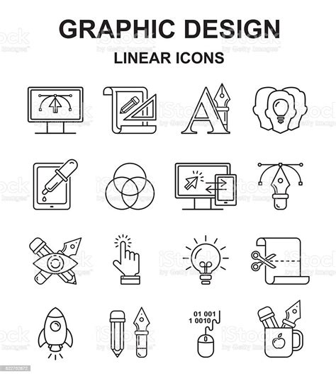 Vector Graphic Designer Icons Set In Linear Style Stock Illustration