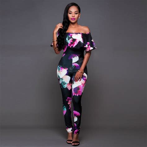 long plus size jumpsuits and rompers for women sexy printed ruffles off shoulder slash neck