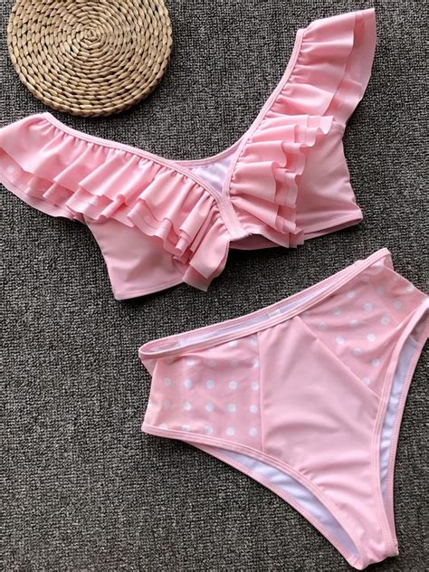 Mica Polka Dot Print Ruffled High Waist Bikini Set Swimwear Lace