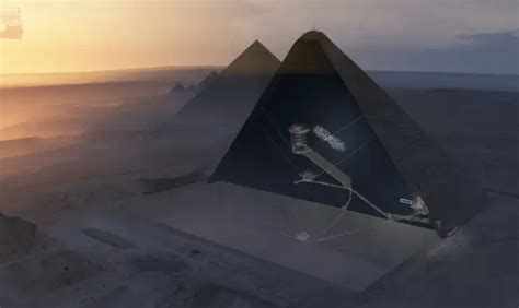 cosmic ray muon radiography of pyramid finds 100 meter long void