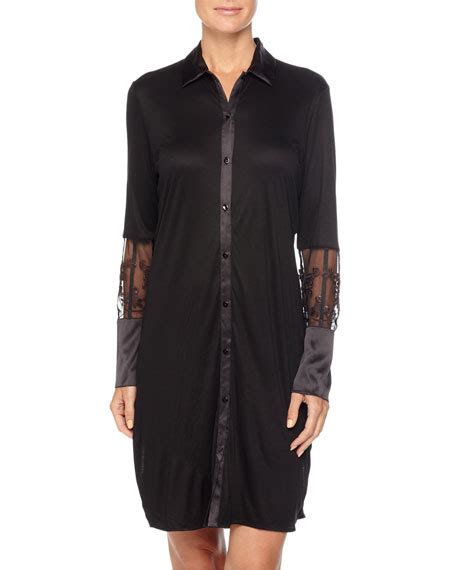 La Perla Floralia Long Sleeve Sleepshirt W Lace Detail Black