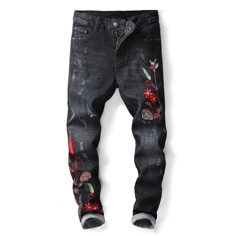 Buy Newsosoo Mens Fashion Flower Embroidered Jeans Black Skinny Floral Denim