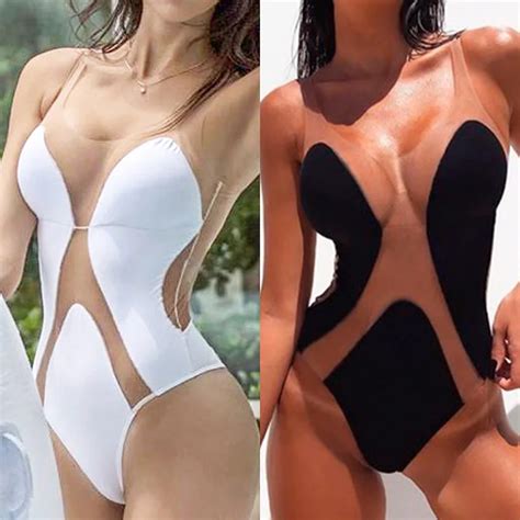 Sexy Mesh Monokini 2019 New Women Patchwork Swimsuit See Through Rose Bathing Suit Hollow Out