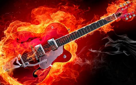 A Red Electric Guitar In Flames On A Black Background