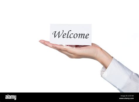 Hotel Booking Woman Hand Holding Welcome Card On White Background