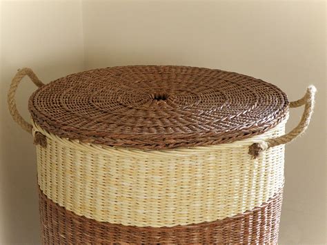 Large Wicker Round Basket With Lid Two Tone Woven Storage Etsy