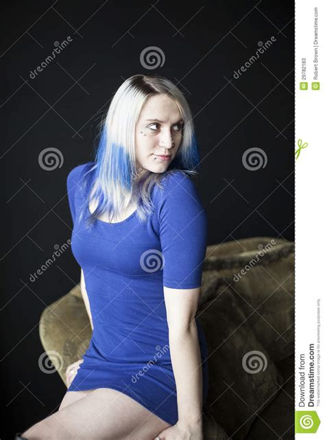 Beautiful Young Woman With Blue Hair And Very Short Blue