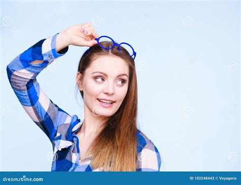 Attractive Nerdy Woman In Weird Glasses On Head Stock Image Image Of Round Teenager 102248443