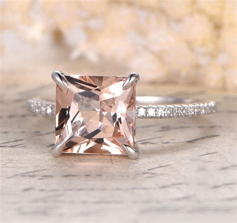 529 Princess Morganite Engagement Ring Pave Diamond Wedding 14k White