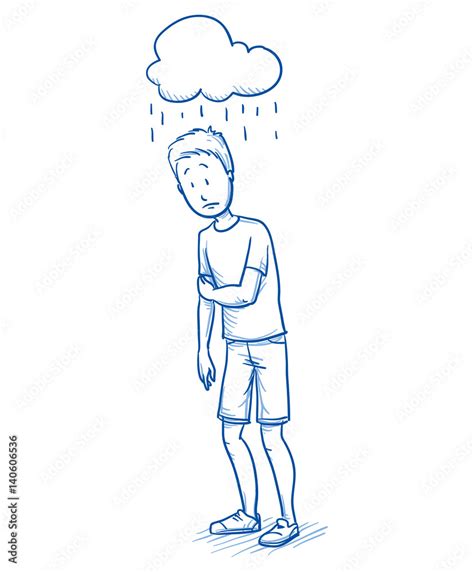 Sad Young Boy With A Symbolic Rain Cloud Over His Head Hand Drawn