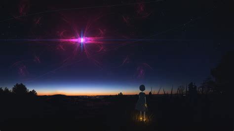 2048x1152 Anime Girl Staring At Night Sky 2048x1152