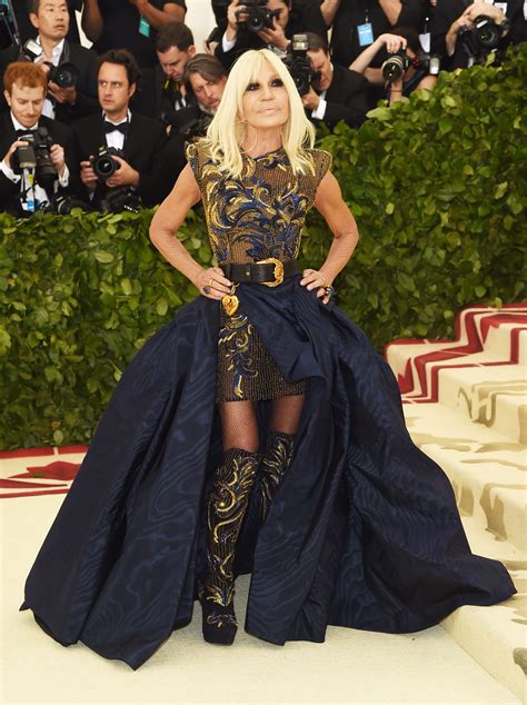 Donatella Versace Wearing Custom Blue And Gold Versace At The 2018 Met