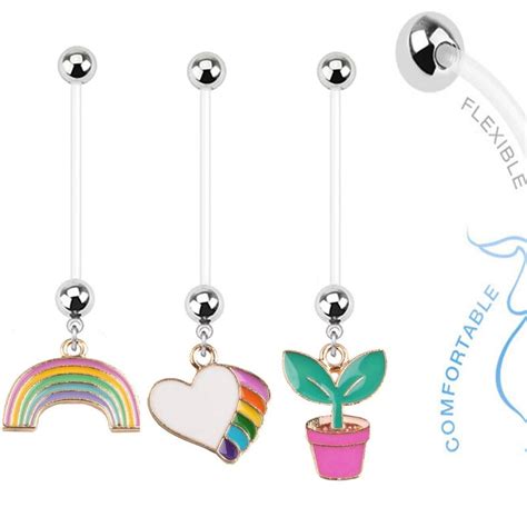 12pcslot Rainbow Heart Plants Pregnancy Belly Bar Maternity Button Ring Belly Flexible Barbell