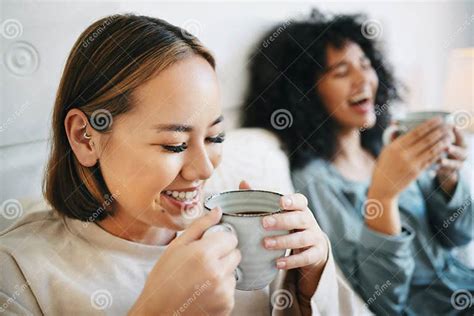 Coffee Smile And Lesbian Couple On Bed In Conversation For Bonding And Relaxing Together Happy
