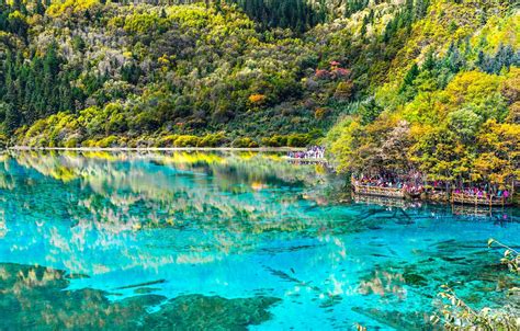 Wallpaper Landscape Lake China Tourists Jiuzhai Valley National