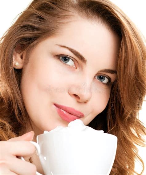 Portrait Woman Drinking Cappuccino Stock Photo Image Of Cream