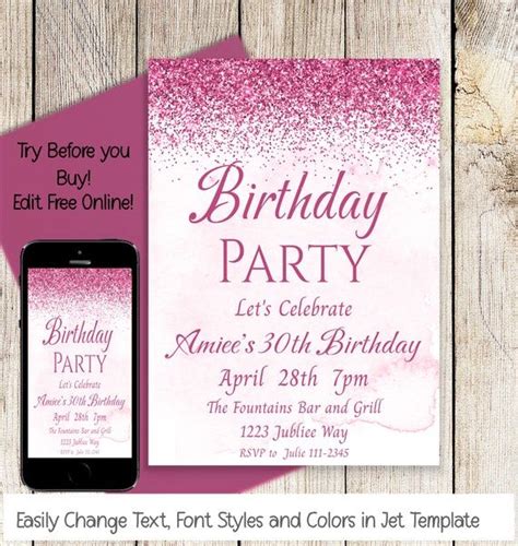 Editable Pink Glitter Birthday 30th Birthday Any Age Template This