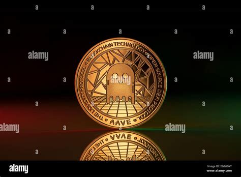 Aave Cryptocurrency Physical Coin Placed On Reflective Surface And Lit With Green And Red Lights